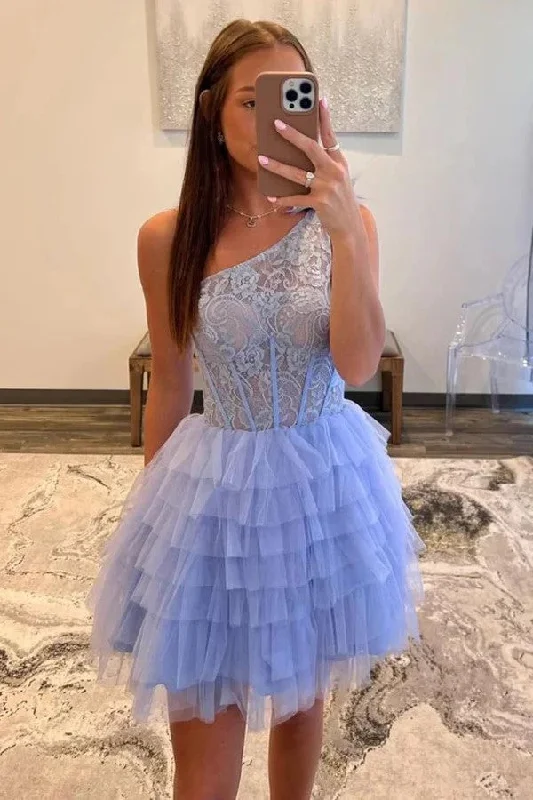 Retro - style party dresses inspired by the 1920s - 1980s​A-Line One Shoulder Lace Layered Lavender Homecoming Dress PD516