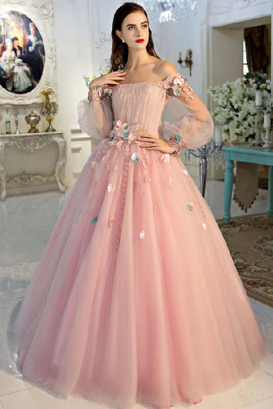 Retro - style party dresses inspired by the 1920s - 1980s​A-line Pink Off The Shoulder Long Prom Dress Sweet Evening Dress PSK286