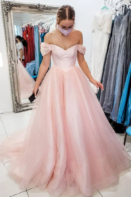 Party dresses with a peplum waist for a feminine and flattering silhouette​A-line Pink Tulle Off The Shoulder Long Prom Dress Formal Dress  PSK258