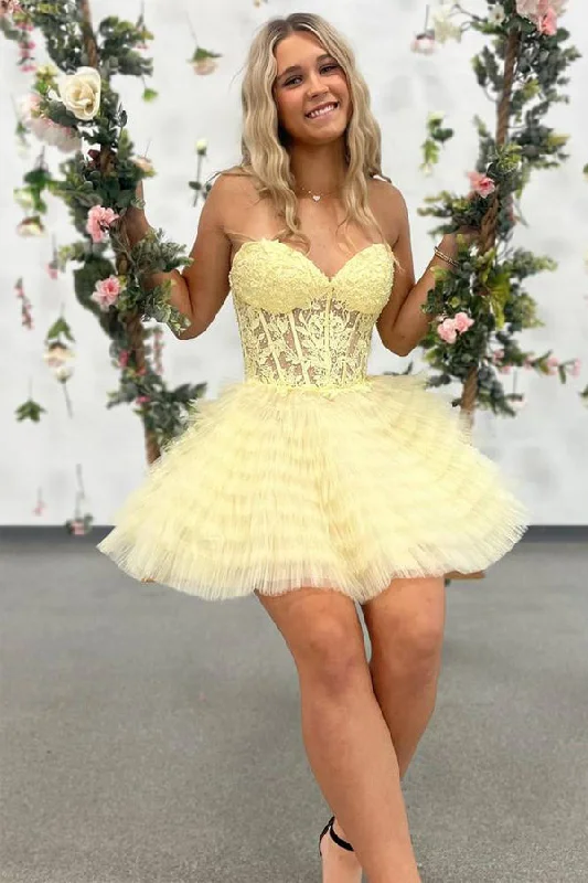 Sheath party dresses in a bold color for a statement - making outfit​A-Line Ruffled Yellow Strapless Corset Homecoming Dress PD518