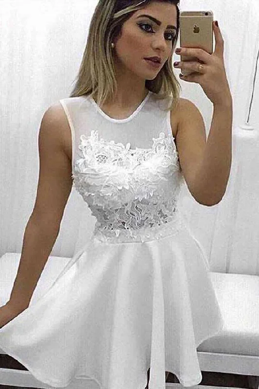 Party dresses with a geometric pattern for a contemporary look​A-line Scoop Lace Appliqued Little White Dresses Homecoming Dresses PD168