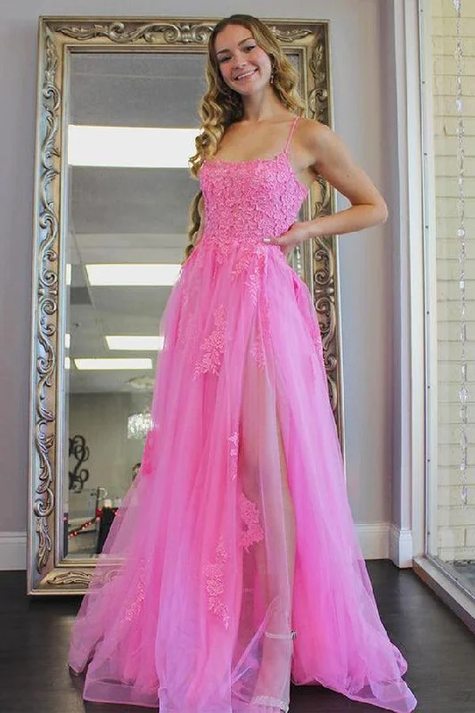 Plus - size party dresses with a flattering cut for all body types​A Line Scoop Neck Hot Pink Tulle Prom Evening Dresses with Split PSK273