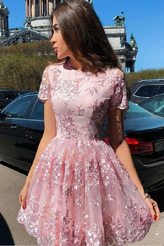 Sparkly sequined party dresses for a glamorous lookA Line Short Sleeve Lace Short Prom Dress Short Homecoming Dress PD451 Sparkly sequined party dresses for a glamorous lookA Line Short Sleeve Lace Short Prom Dress Short Homecoming Dress PD451