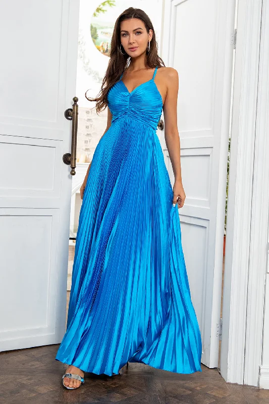 Long - cocktail dresses with a slit and a fitted bodiceA Line Spaghetti Straps Lake Blue Long Prom Dress