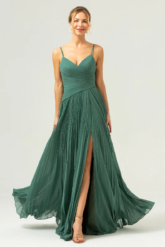 Wedding guest dresses with abstract prints and long trainsA-Line Spaghetti Straps Pleated Chiffon Eucalyptus Bridesmaid Dress with Slit Wedding guest dresses with abstract prints and long trainsA-Line Spaghetti Straps Pleated Chiffon Eucalyptus Bridesmaid Dress with Slit