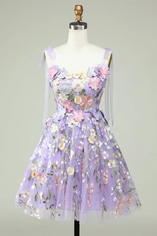 Satin party dresses with a smooth and lustrous finish​A Line Spaghetti Straps Purple Corset Short Prom Dress with 3D Flowers