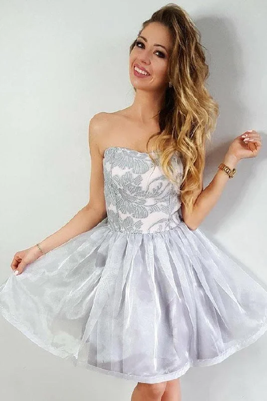 Satin party dresses with a smooth and lustrous finishA-Line Strapless Short Organza Homecoming Party Dress with Appliques PD291 Satin party dresses with a smooth and lustrous finishA-Line Strapless Short Organza Homecoming Party Dress with Appliques PD291