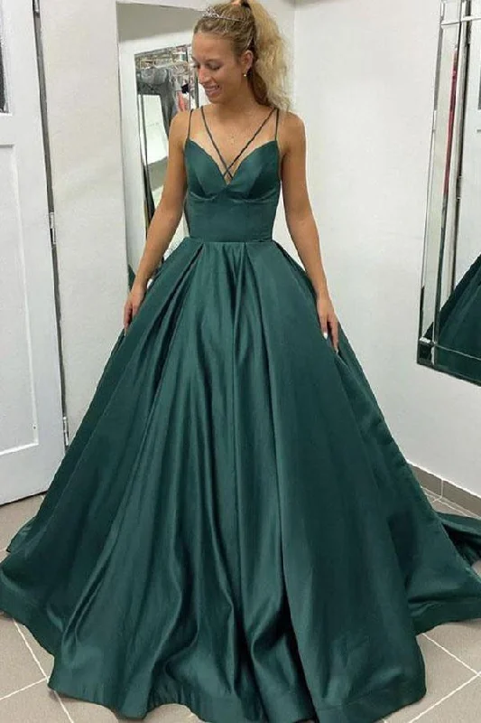 Empire - waist party dresses to accentuate the waistline​A-line Straps Simple Prom Dress Satin Formal Dress WIth Pockets  PSK261