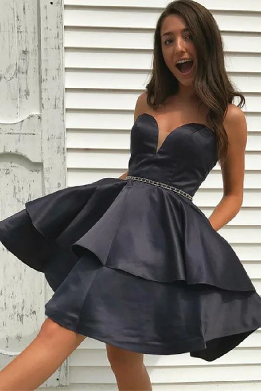 Party dresses with a polka - dot pattern for a classic and playful style​A-Line Sweetheart  Black Satin Homecoming Dress with Ruffles Beading PD165