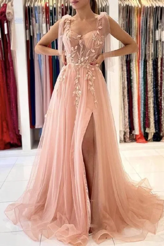 Party dresses with a jacquard pattern for a rich and detailed look​A-line Tulle Floral Lace Pink Tulle Prom Dress Split Evening Dress  PSK279