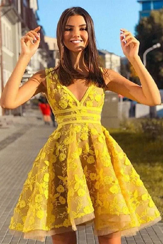 Party dresses with a fringed detail for a fun and dynamic styleA-line V-neck Sleeveless Short Yellow Homecoming Dress PD381 Party dresses with a fringed detail for a fun and dynamic styleA-line V-neck Sleeveless Short Yellow Homecoming Dress PD381