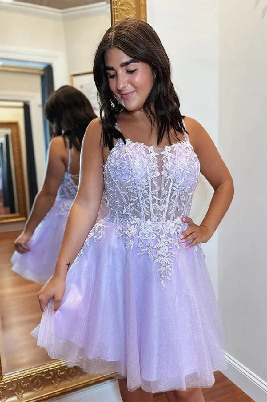 Sheath party dresses in a bold color for a statement - making outfit​A-line Appliques Lace-Up Tulle Lavender Homecoming Dress PD508
