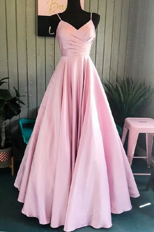 Tea - length party dresses for a sophisticated and versatile option​A Line V Neck Pink Spaghetti Straps Satin Prom Dresses Formal Dresses  PSK282