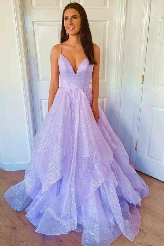 Evening party dresses with a long train for a dramatic entrance​A-line V Neck Princess Lavender Tiered Tulle Sparkly Prom Dress PSK270