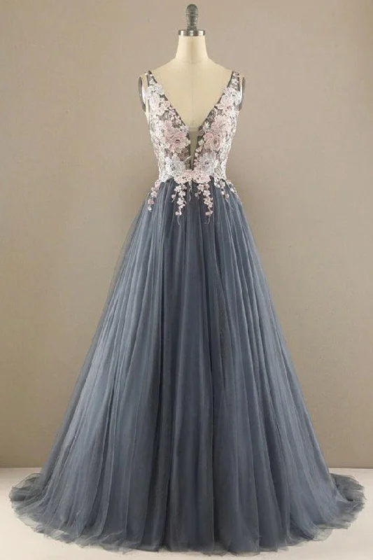 Party dresses with a metallic finish for a shiny and eye - catching effectA-line V Neck Tulle Prom Dress Floral Lace Formal Dress PSK323 Party dresses with a metallic finish for a shiny and eye - catching effectA-line V Neck Tulle Prom Dress Floral Lace Formal Dress PSK323