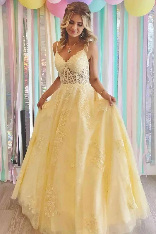 Party dresses with a peplum waist for a feminine and flattering silhouetteA-line Yellow V-Neck Appliques Long Prom Dress Formal Dress PSK318 Party dresses with a peplum waist for a feminine and flattering silhouetteA-line Yellow V-Neck Appliques Long Prom Dress Formal Dress PSK318