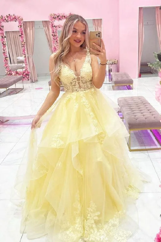 Party dresses with a paisley pattern for a bohemian - inspired look​A-line Yellow V Neck Tulle Lace Long Prom Dress Evening Dress PSK284