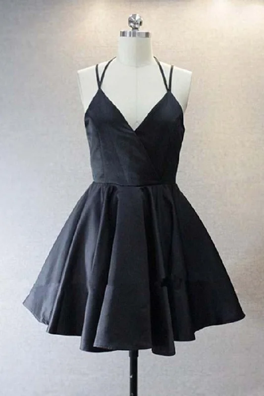 Strapless party dresses with a beaded bodice for added elegance​A Live V Neck Satin Short Black Prom Dress Homecoming Dresses  PD156