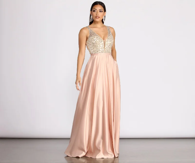Printed wedding guest dresses with tropical motifs for beach weddingsAdina Sequin and Satin Ball Gown Printed wedding guest dresses with tropical motifs for beach weddingsAdina Sequin and Satin Ball Gown
