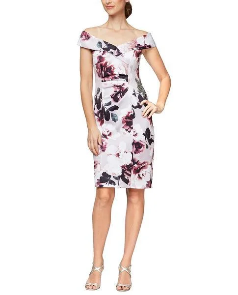 Cocktail dresses with a tassel - adorned belt and a sheath styleAlex Evenings 8160259 Off Shoulder Short Dress