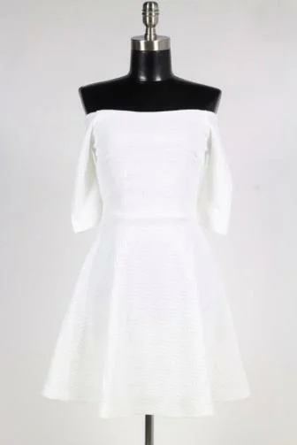 A - line cocktail wedding guest dresses in pastel colorsAll Of My Honesty White Off-The-Shoulder Skater Dress