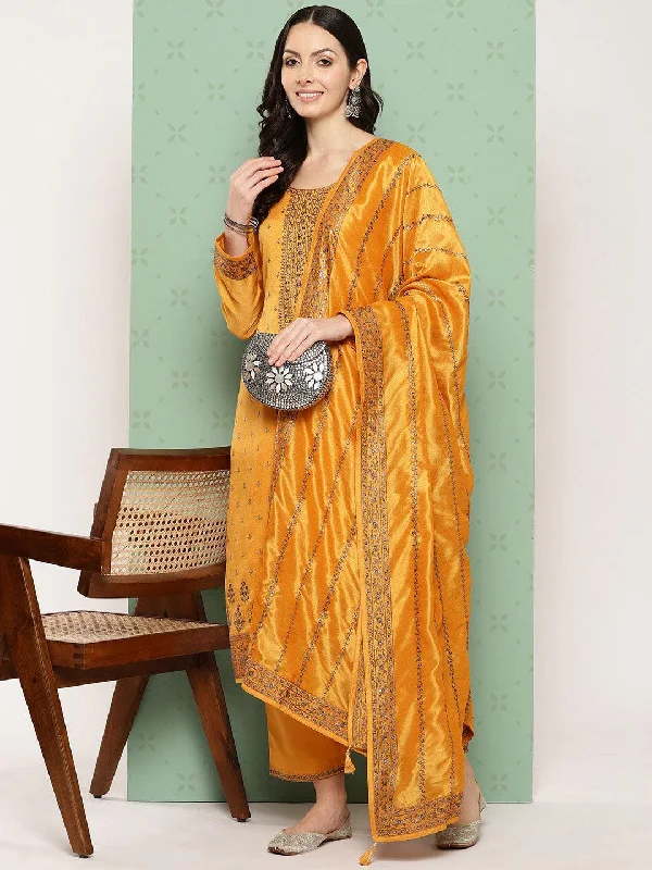 Asymmetric - hem cocktail dresses in a bold color for a fashion - forward lookAmber Embroidered Silk Blend Straight Suit With Dupatta