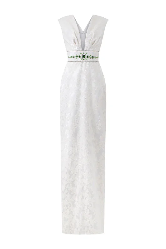 Party dresses with a one - shoulder design for a modern and unique lookAnimus Pegged Sleeveless Jacquard Floor Length Dress Party dresses with a one - shoulder design for a modern and unique lookAnimus Pegged Sleeveless Jacquard Floor Length Dress