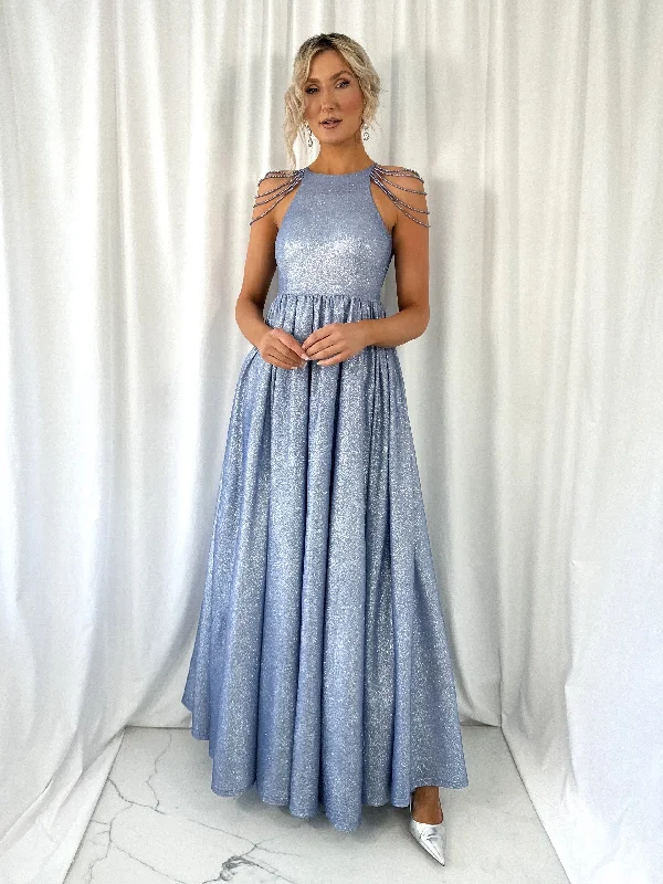 Wedding guest dresses with cold - shoulder designs and solid colorsAnnabelle Maxi Bright Dress with Chains Over The Shoulder - Blue Wedding guest dresses with cold - shoulder designs and solid colorsAnnabelle Maxi Bright Dress with Chains Over The Shoulder - Blue
