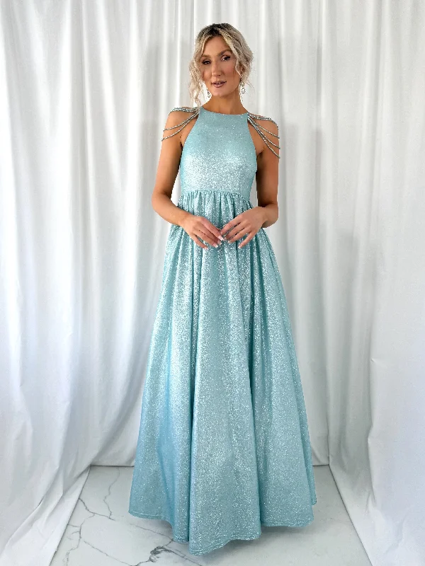 Wedding guest dresses with cold - shoulder ruffled sleeves and knee - length hemsAnnabelle Maxi Bright Dress with Chains Over The Shoulder - Light Green Wedding guest dresses with cold - shoulder ruffled sleeves and knee - length hemsAnnabelle Maxi Bright Dress with Chains Over The Shoulder - Light Green