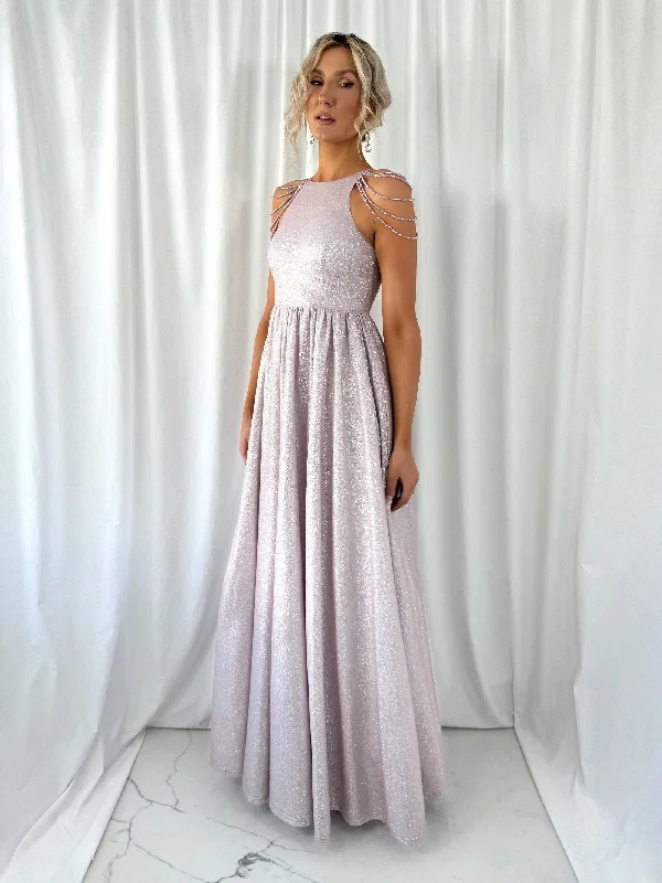 Wedding guest dresses with abstract prints and long trainsAnnabelle Maxi Bright Dress with Chains Over The Shoulder - Rose