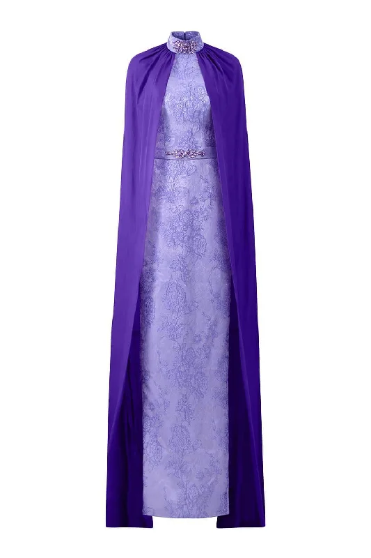 Party dresses with a leatherette material for a tough and stylish appearanceAphrodite Cape High Neck Jacquard Floor Length Dress Party dresses with a leatherette material for a tough and stylish appearanceAphrodite Cape High Neck Jacquard Floor Length Dress