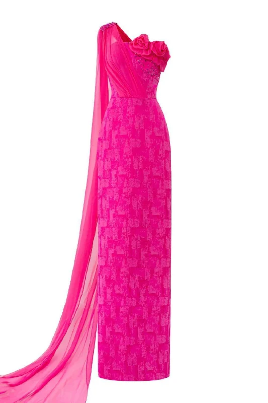 A - line party dresses with a floral print for spring eventsAspira Pegged One Shoulder Brocade Floor Length Dress A - line party dresses with a floral print for spring eventsAspira Pegged One Shoulder Brocade Floor Length Dress