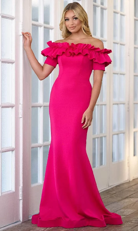 Wedding guest dresses with gathered skirts and V - necklinesAva Presley 39305 - Ruffled Off Shoulder Prom Gown