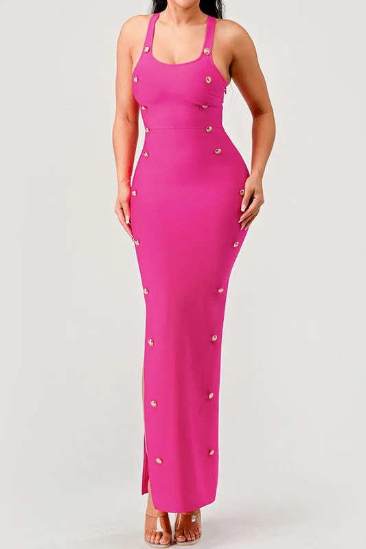 Cocktail dresses with a cut - out detail and a body - con fitBandage Brass Button Detail Maxi Dress Cocktail dresses with a cut - out detail and a body - con fitBandage Brass Button Detail Maxi Dress