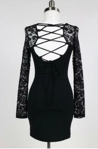 Metallic wedding guest dresses for a glamorous weddingBe Modish Black Lace-Up Long Sleeve Mini Dress Metallic wedding guest dresses for a glamorous weddingBe Modish Black Lace-Up Long Sleeve Mini Dress