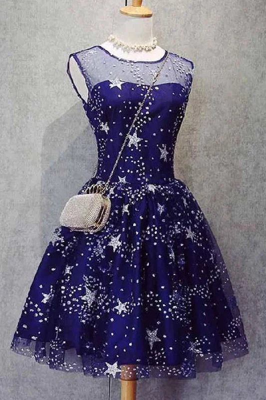 A - line party dresses with a floral print for spring eventsHomecoming Dress Tulle Sleeveless Stars Short Prom Dress Party Dress PD367 A - line party dresses with a floral print for spring eventsHomecoming Dress Tulle Sleeveless Stars Short Prom Dress Party Dress PD367