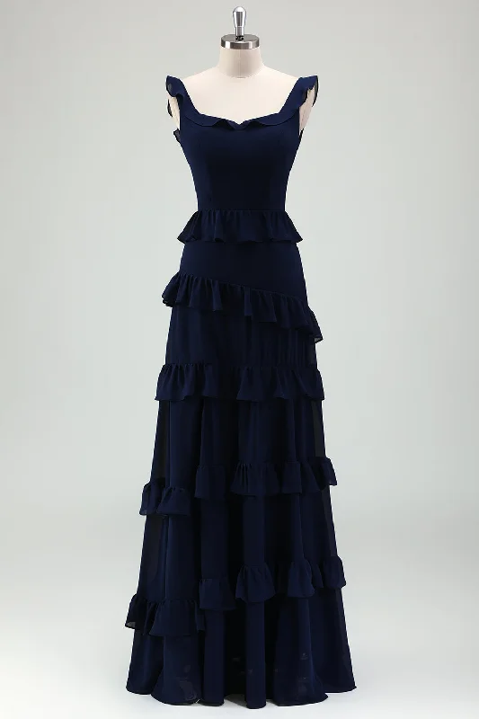 Satin wedding guest dresses with side slits for a sexy touchBlack Chiffon A Line Spaghetti Straps Tiered Bridesmaid Dress