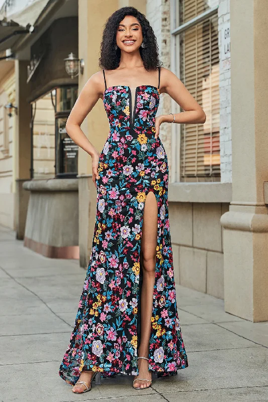 Plaid cocktail dresses with a flared skirt for a classic feelBlack Flower Embroidered Mermaid Prom Dress With Side Slit