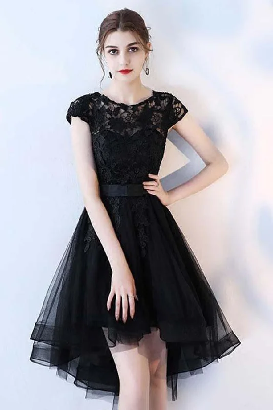 Ball gown party dresses with a full skirt for a princess - like look​Black Lace Short Prom Dress Hight Low Evening Dress Homecoming Dresses PD152