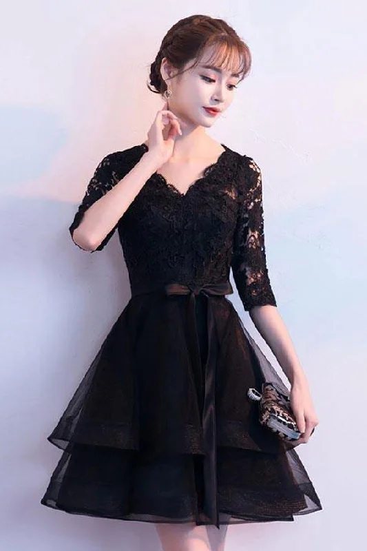 Party dresses with a sheer panel for a hint of allure​Black V Neck Lace Tulle Short Prom Dress Black Homecoming Dress PD150