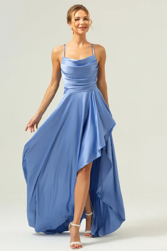 Wedding guest dresses with gathered skirts and V - necklinesBlue Asymmetrical Cowl Neck Satin Bridesmaid Dress with Slit Wedding guest dresses with gathered skirts and V - necklinesBlue Asymmetrical Cowl Neck Satin Bridesmaid Dress with Slit