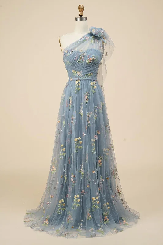 Retro - style party dresses inspired by the 1920s - 1980sBlue-Grey Floral Embroidery One-Shoulder A-Line Prom Dress PSK320 Retro - style party dresses inspired by the 1920s - 1980sBlue-Grey Floral Embroidery One-Shoulder A-Line Prom Dress PSK320