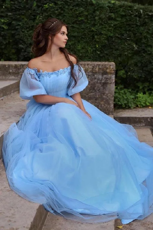 Party dresses with a cut - out design for a daring and edgy style​Blue Princess Off-Shoulder Floral Tulle A-Line Long Prom Dress PSK269