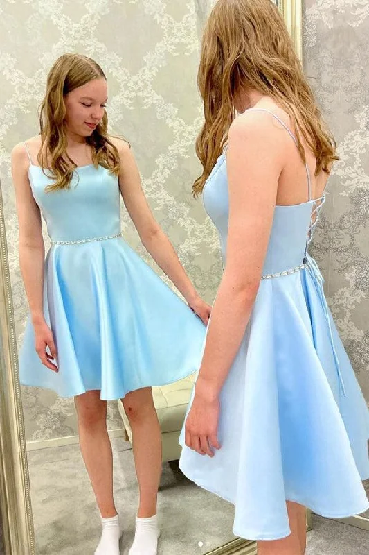 Party dresses with a V - neck design to enhance the necklineBlue Satin Beads Short Prom Dress Blue Homecoming Dress PD450 Party dresses with a V - neck design to enhance the necklineBlue Satin Beads Short Prom Dress Blue Homecoming Dress PD450