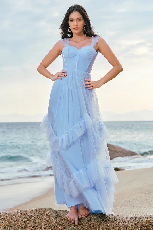 Wrap - style wedding guest dresses with bow accentsBlue A Line Tulle Corset Long Bridesmaid Dress with Ruffles