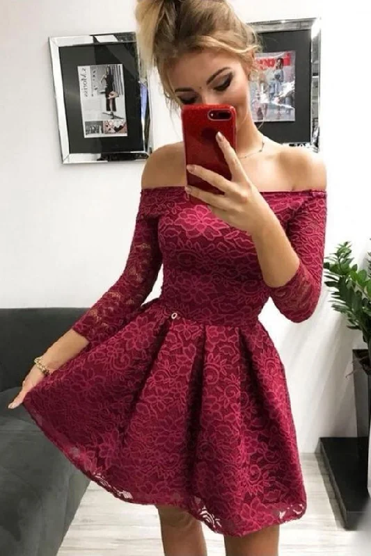 Strapless party dresses with a beaded bodice for added eleganceBurgundy Lace Off-the-Shoulder Long Sleeves Homecoming Dresses PD338 Strapless party dresses with a beaded bodice for added eleganceBurgundy Lace Off-the-Shoulder Long Sleeves Homecoming Dresses PD338