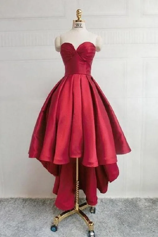 Party dresses with a jacquard pattern for a rich and detailed lookBurgundy Sweetheart Satin High Low Homecoming Dresses Short Prom Dress PD303 Party dresses with a jacquard pattern for a rich and detailed lookBurgundy Sweetheart Satin High Low Homecoming Dresses Short Prom Dress PD303
