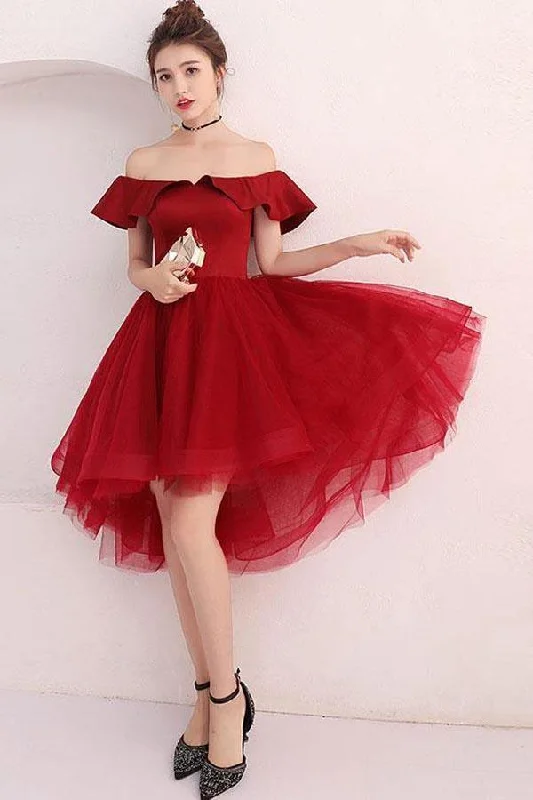 Party dresses with a geometric pattern for a contemporary look​Burgundy Tulle Off Shoulder Short Prom Dress Burgundy Homecoming Dress PD220