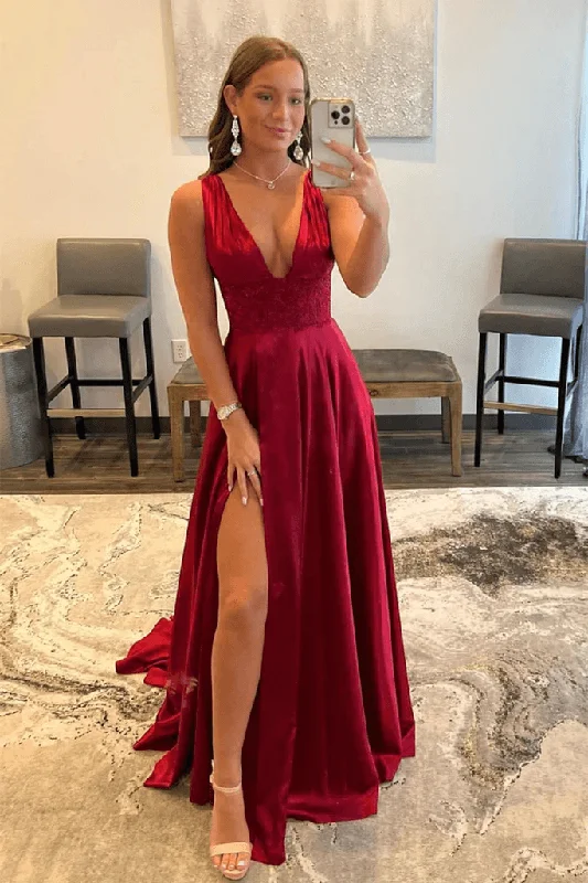 Gothic - style party dresses for a dark and mysterious lookBurgundy V Neck Lace Long Prom Evening Dress with High Slit PSK328 Gothic - style party dresses for a dark and mysterious lookBurgundy V Neck Lace Long Prom Evening Dress with High Slit PSK328