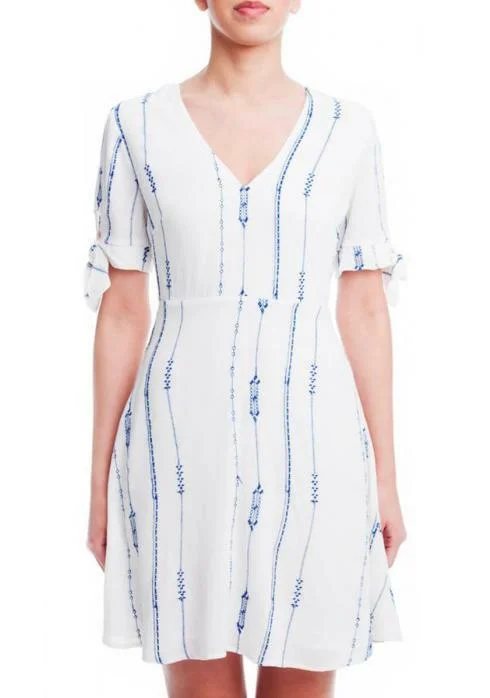 Asymmetric - hem wedding guest dresses in metallic huesLush Capri White and Blue Print Tie-Sleeve Mini Dress